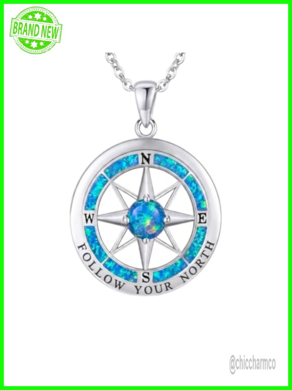 925 Sterling Silver Blue Opal Compass Pendant Necklace Follow Your North Travel